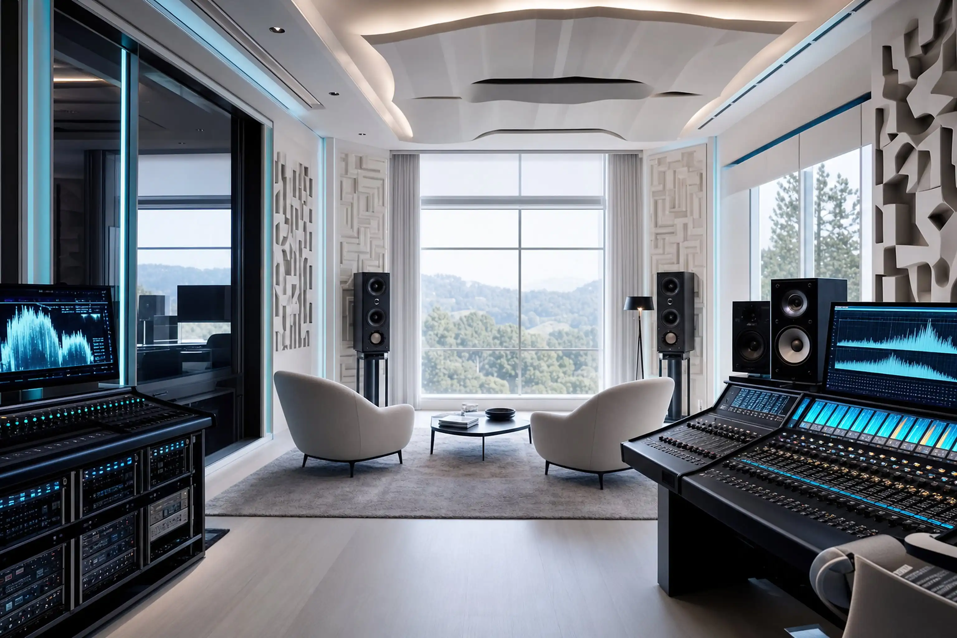Due poltrone chiare una di fronte all'altra in una lounge di studio, casse monitor accanto