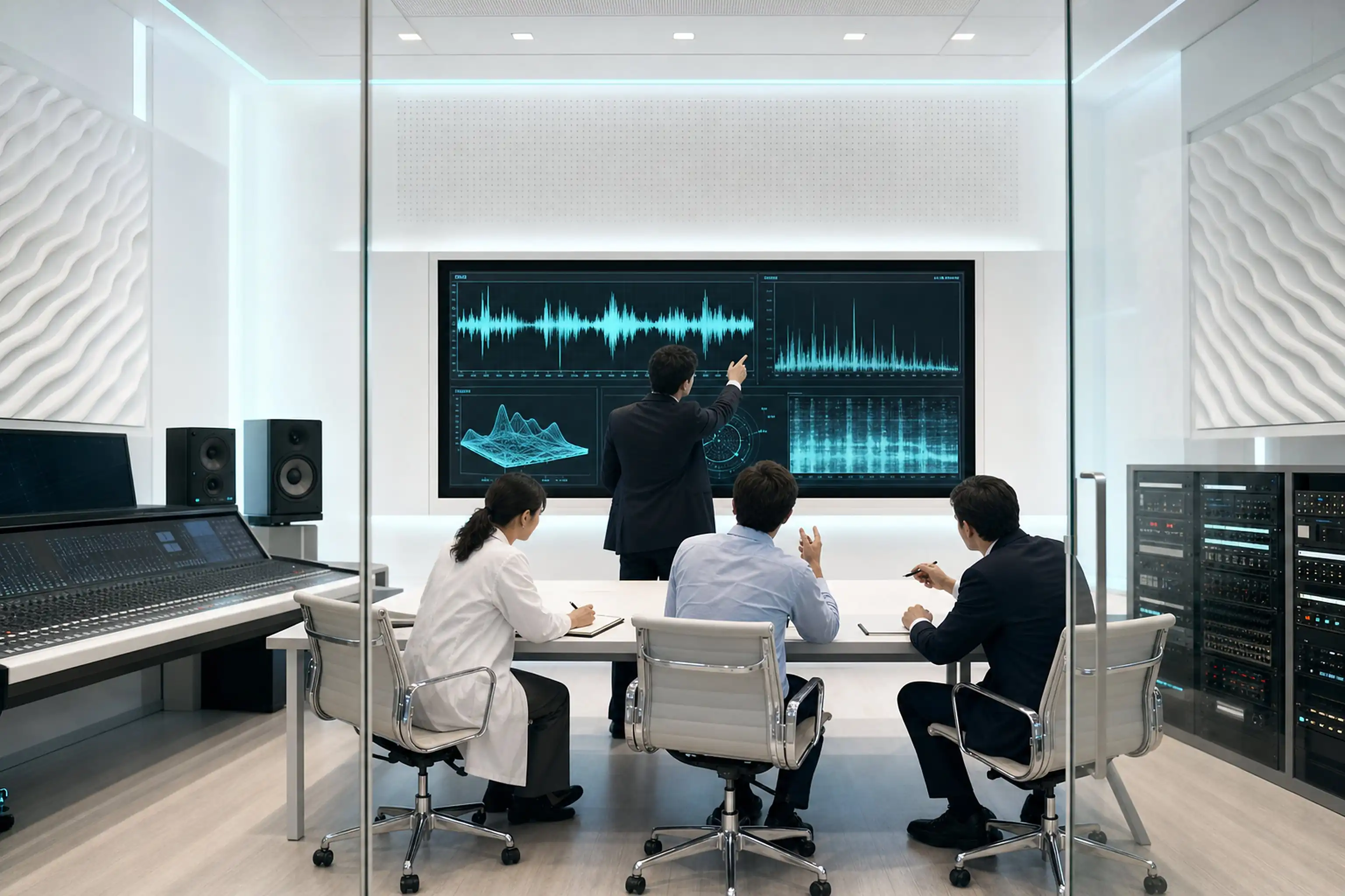 Quattro persone attorno al tavolo di una sala riunioni vetrata, regia audio oltre il vetro
