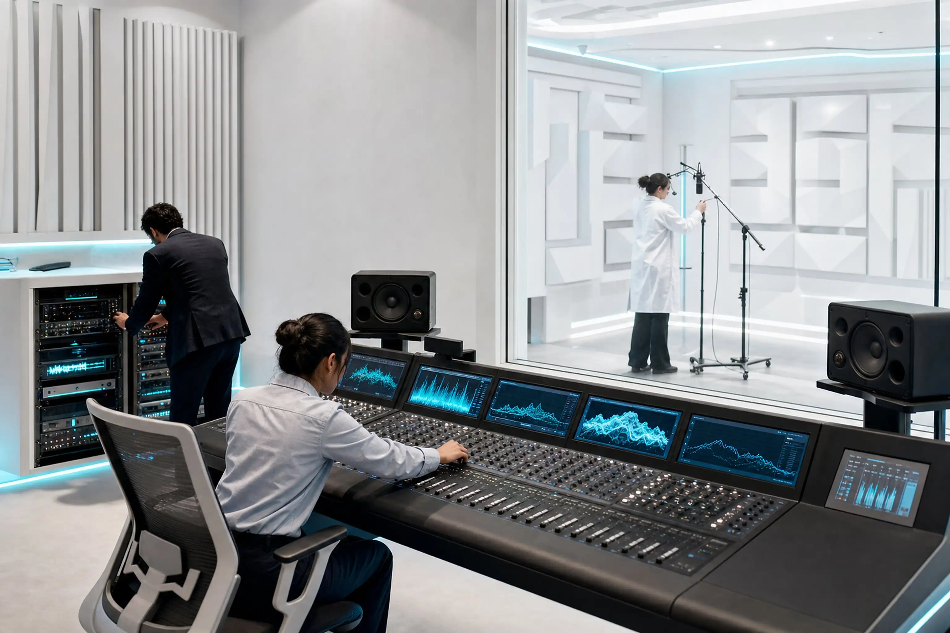 Cabina insonorizzata vista dalla regia oltre il banco mixer, una persona all'interno