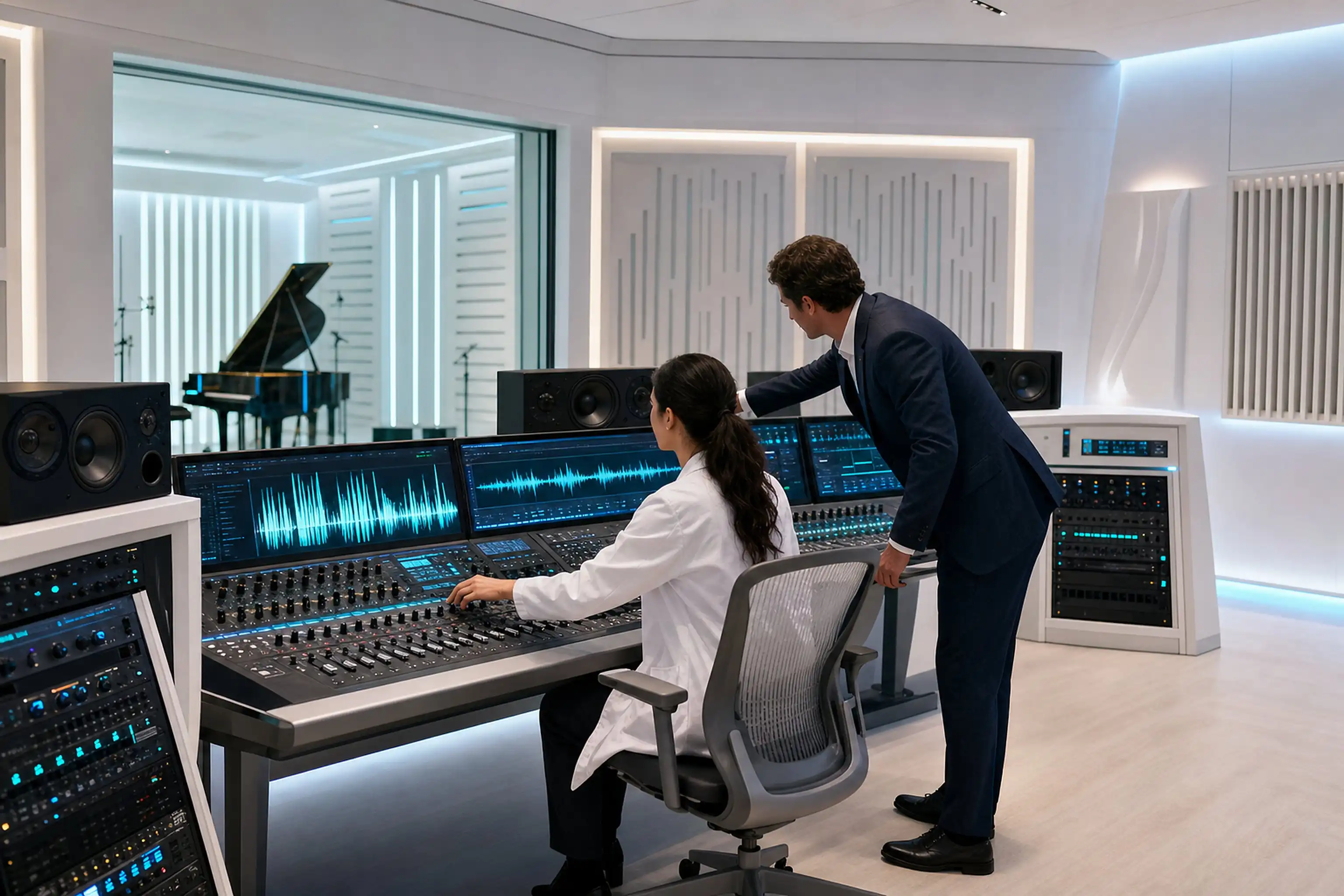 Studio di registrazione: una figura al banco di regia, vetrata sulla sala di ripresa