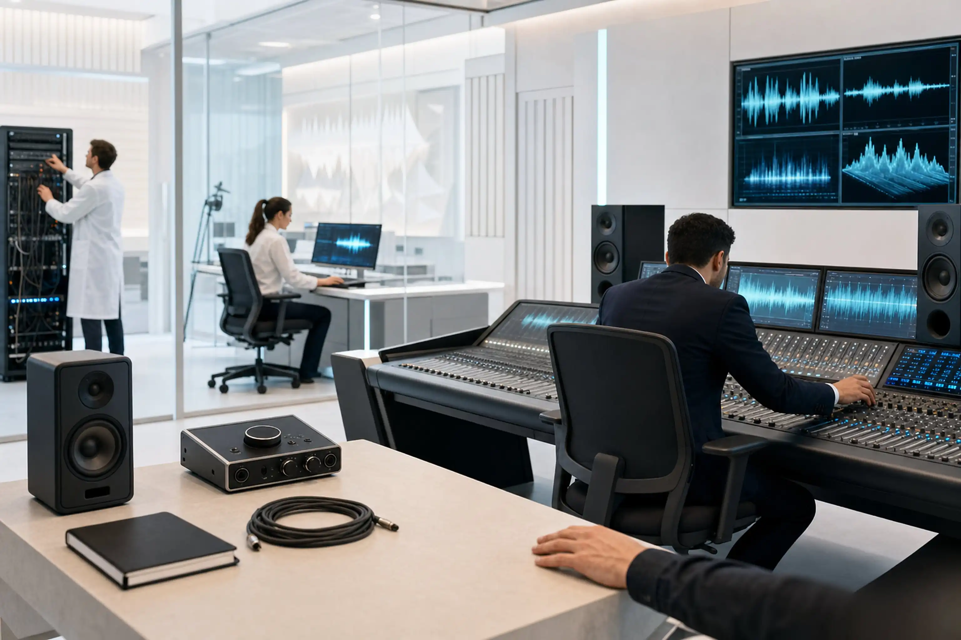 Cassa monitor, interfaccia audio e cavi ordinati su un banco chiaro, una mano accanto