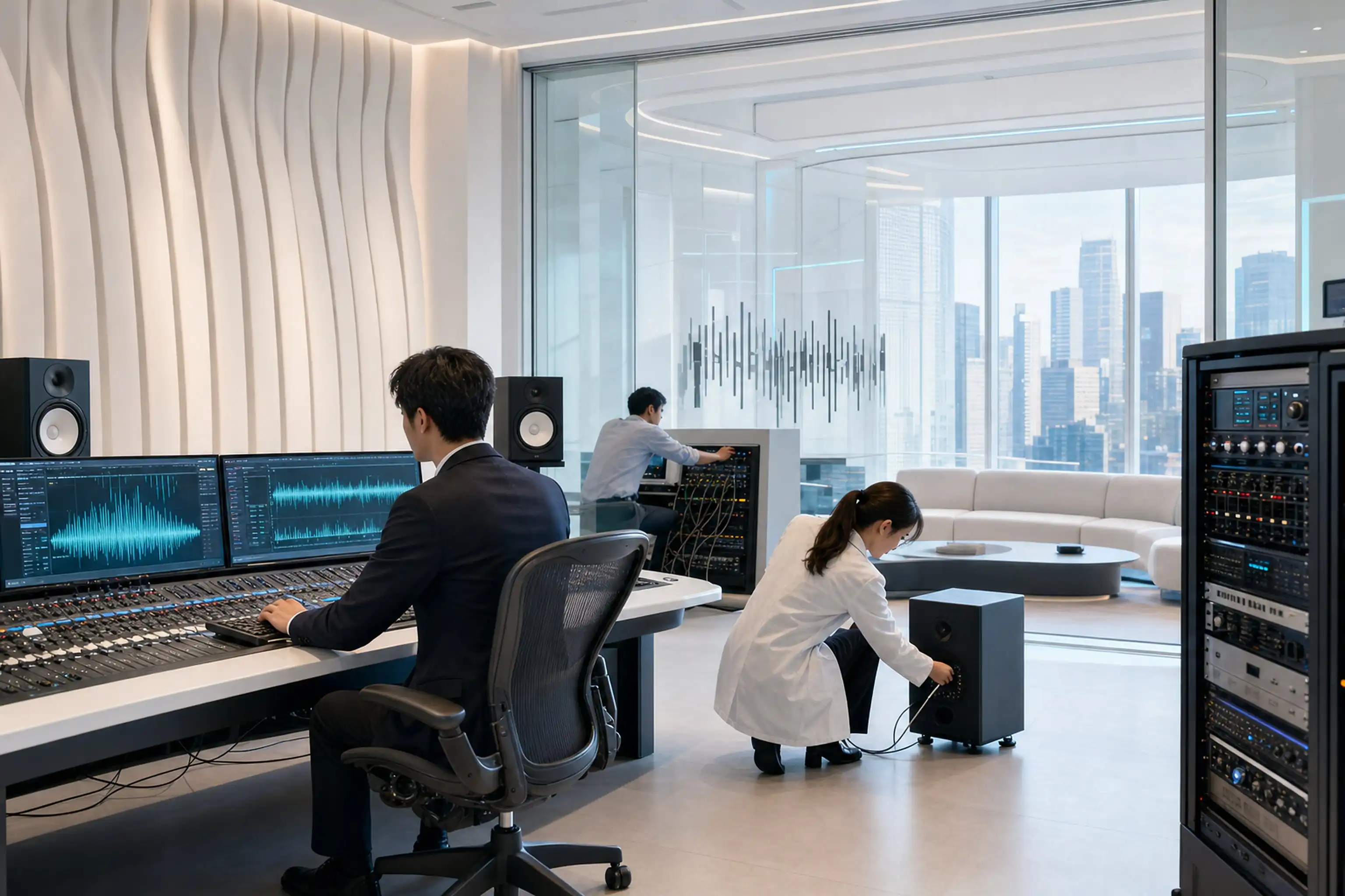 Skyline visto dalla vetrata di uno studio audio, una figura al vetro, casse monitor accanto
